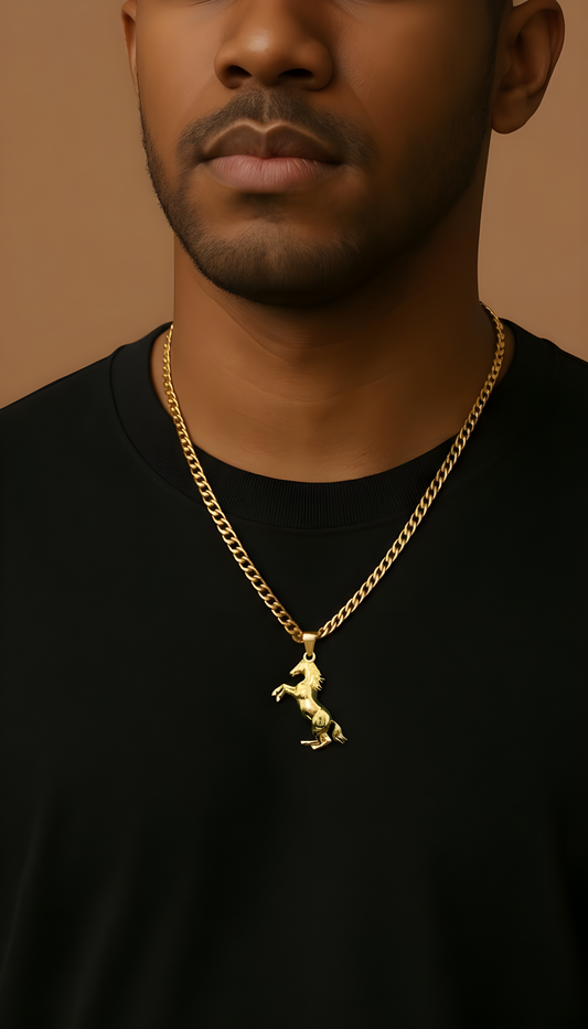 Cuban-Style Chain with Horse Pendant 14k gold
